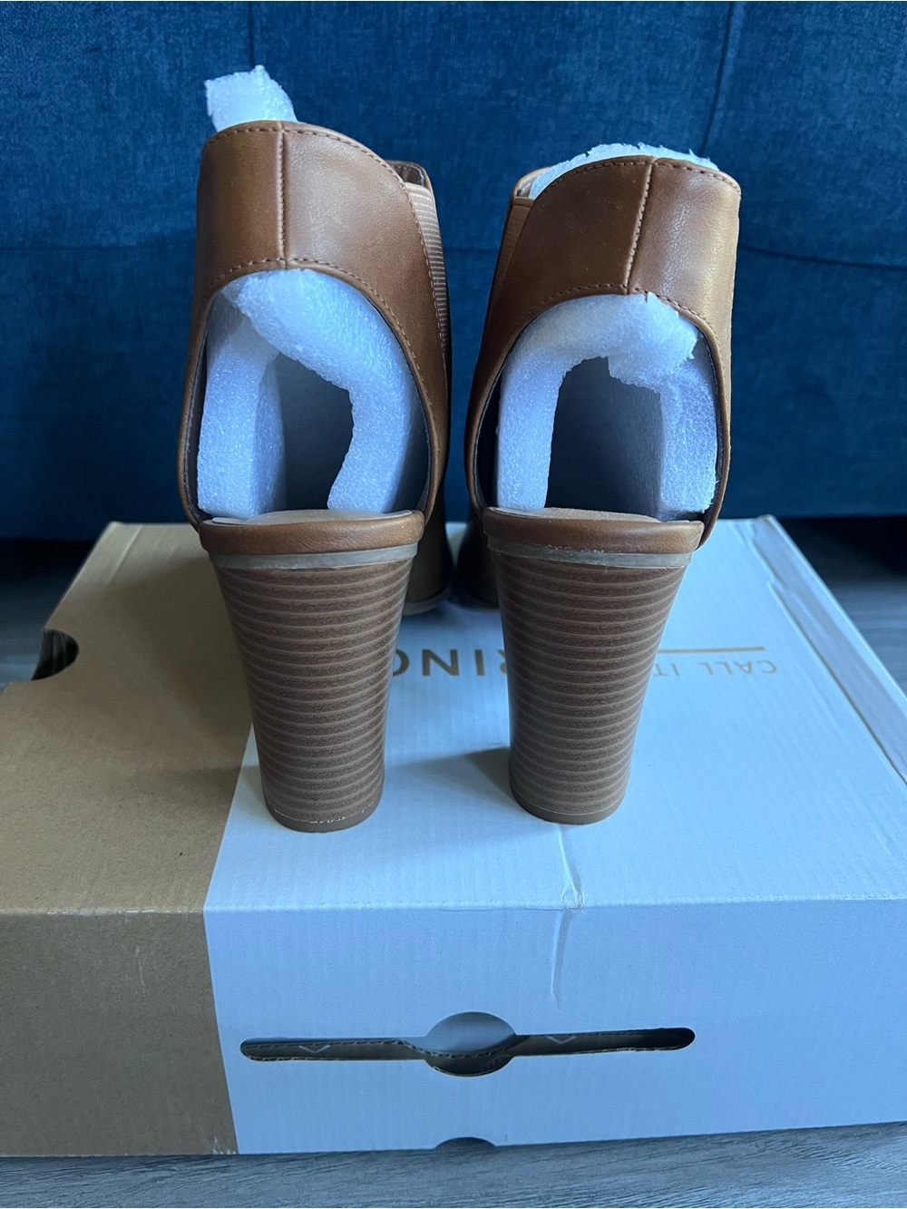 Call It Spring Tan Peep-Toe Stacked Heel Mules - Picture 5 of 10